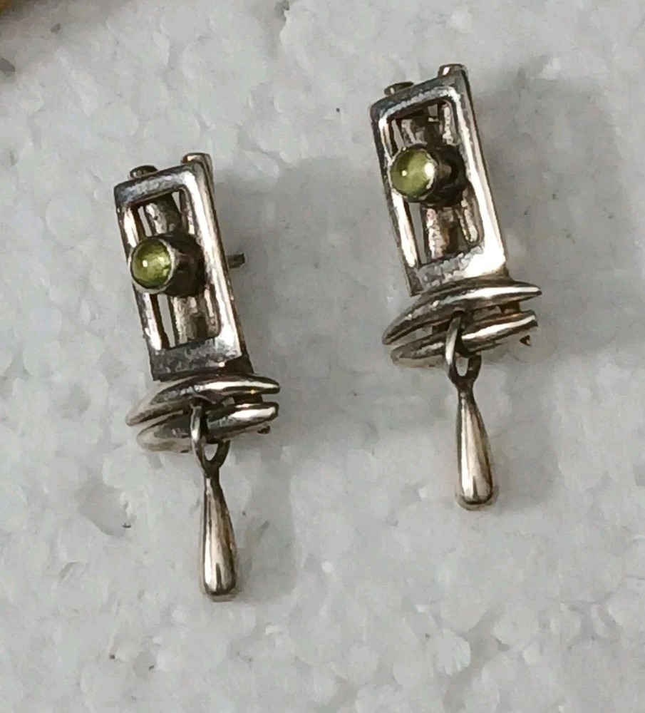 Artisan Silver Post Earrings with Green Stone Handcrafted