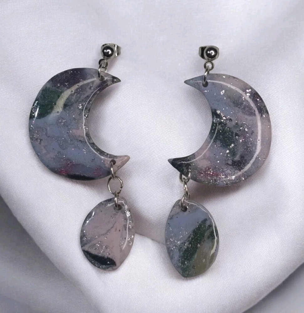 Handcrafted Polymer Clay Resin Silver Stud Dangle Blue Pink Green Earrings