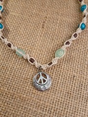 New Natural Hemp Necklace W/ Peace Sign Charm & Mixed Beads 16 in Twist Macrame