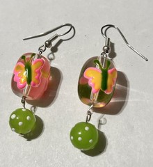 Handmade Lampwork Glass Colorful Butterfly & Green PolkaDot Bead Dangle Earrings