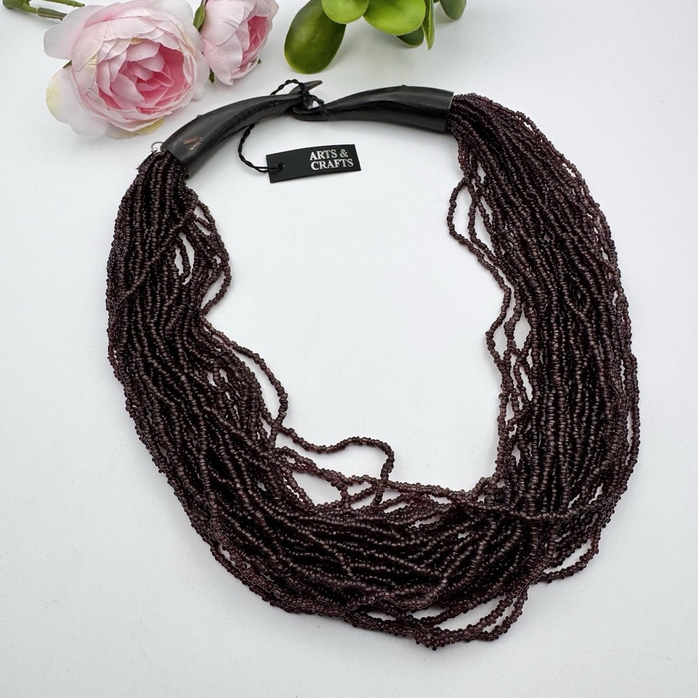 Vintage ARTS & CRAFTS Multistrand Aubergine Glass Bead Horn Clasp Necklace 22″