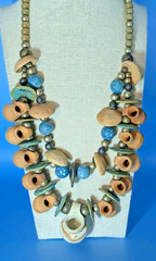 Artisan Tiered Terracotta Jugs Wood Brass Blue Stones Beaded Statement Necklace