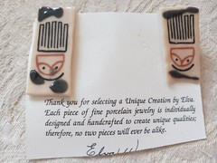 Vtg Handmade Artisan Porcelain Post Earrings Cream Black Rust Faces 1980s Weaver