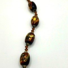 Murano Style Art Glass Bracelet Black Brown Gold Sparkle Accents Beads