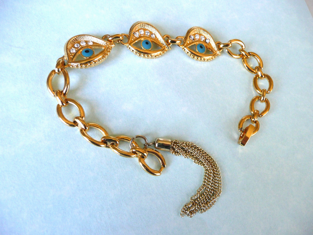 GOLD FILLED BLUE 3 EVIL EYE PROTECTION LUCKY EYE SHAPE TASSEL BRACELET GREECE