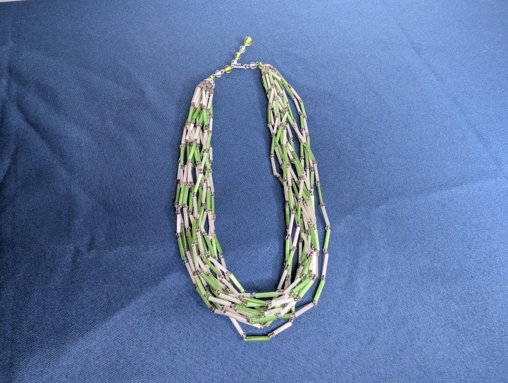 Vintage Japan 15 Strand Multi Color Layered Necklace Bugle Bead Green White