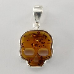 Cognac / Brown BALTIC AMBER Dead Skull Pendant 925 STERLING SILVER Tibuki #9036e