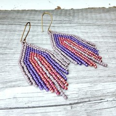 Purple and red beaded fringe cascade dangle earrings, 2.5″