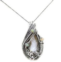 White Pearl Pendant with Ethiopian Opals, Wire-Wrapped in Sterling Silver