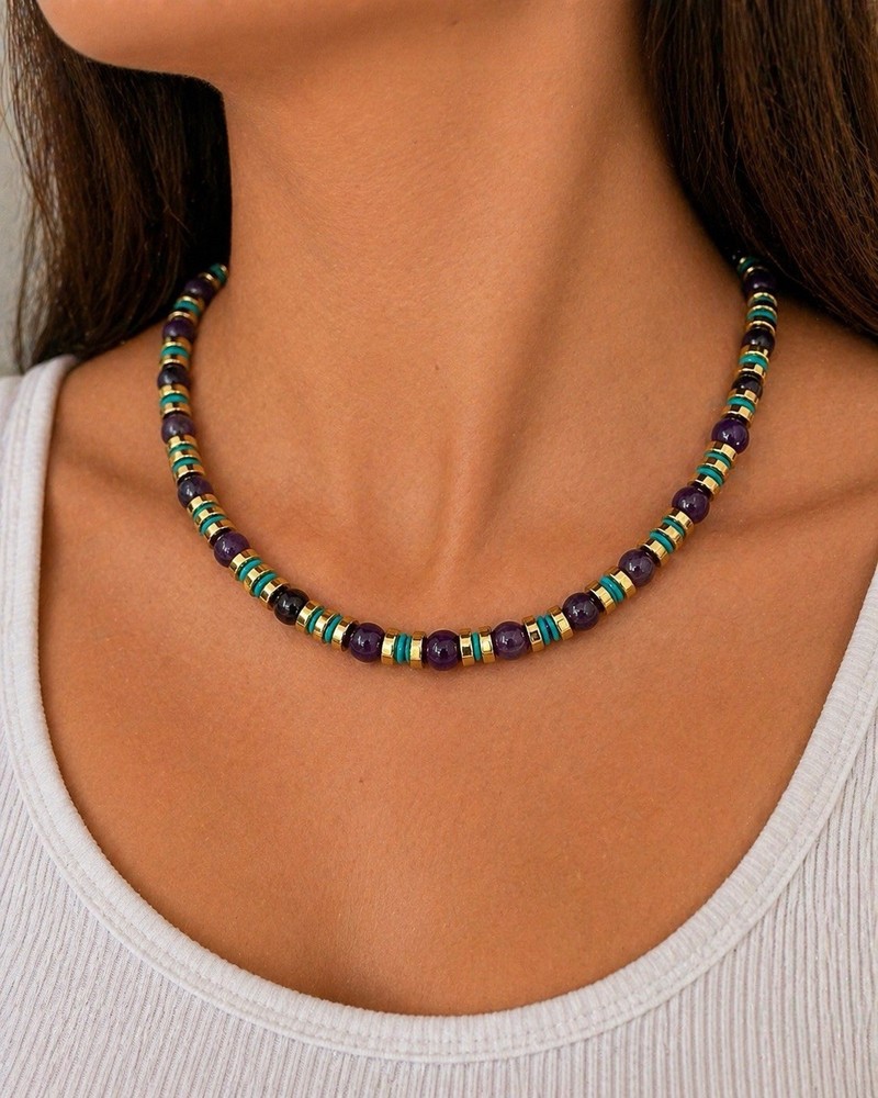Purple Amethyst And Turquoise Blue Necklace Gold Accent Handmade Statement Piece