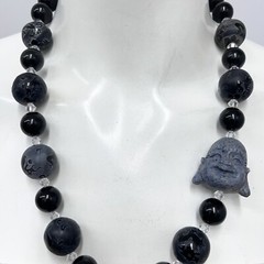 OOAK Oriental Buddha Onyx Dragon Stone Crystal Necklace 191 Grams 23 1/4″ Long