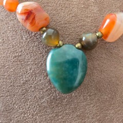 Vintage Natural Agate Beggars Beads Polished Stone Necklace Brass Spacers