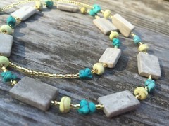 Handmade Necklace of Gray Marble, Green Magnesite, and Turquoise Nugget Beads