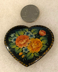 Russian Lacquer Heart Pin with Pink and Yellow Roses – 2 Inches Long NOS