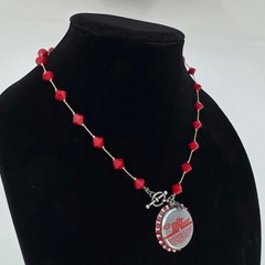Dr Pepper Bottle Cap Necklace Sterling Silver Red Bead Rhinestone 18 Inch Toggle