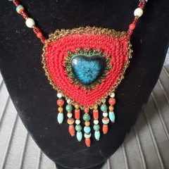 VTG Macrame Boho Necklace w/Blue Center Stone Hidden Pocket Seed Tassel Beads