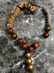 Wooden Symmetry, Knot Necklace Gold Brown Wood Beads Leather Cord Button Close