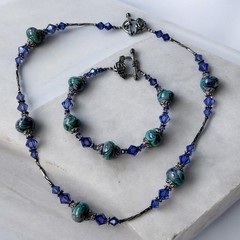 Artisan Lampwork Glass Crystal Bead Necklace Bracelet Set Blue Teal Rose Clasp