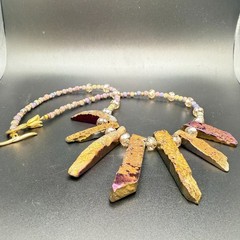 Titanium Aura Quartz Crystal Point Statement Necklace Purple Gold Toggle Clasp