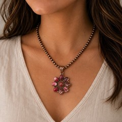 Red Dahlia Turquoise Cluster Pendant Solid Copper Southwestern 1 3/4″ Boho Style