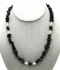 Vintage Black Onyx Quartz Bead Necklace Faux Pearl 925 Sterling Silver Clasp 19″