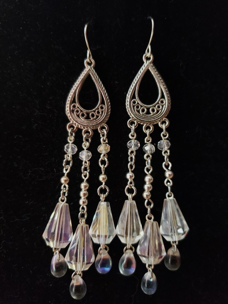 Silver Glass Crystal Statement Chandelier Earrings, Handcrafted
