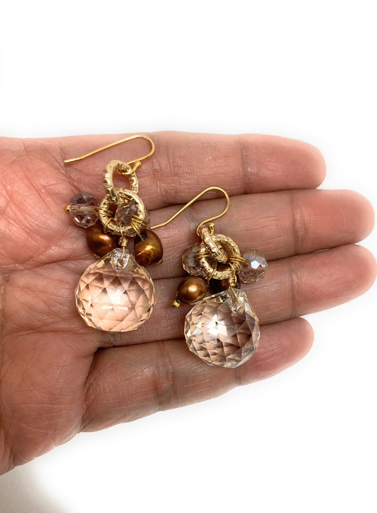 Champagne Quartz Copper Pearls Dangle Earrings In Vermeil Gold Jewelry