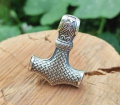 Mammen Mjolnir Silver Pendant, Viking Thor Hammer Necklace Replica, Pagan Amulet