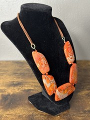 BARSE Orange Sea Sediment Jasper Slab Statement Necklace Leather Cord Boho