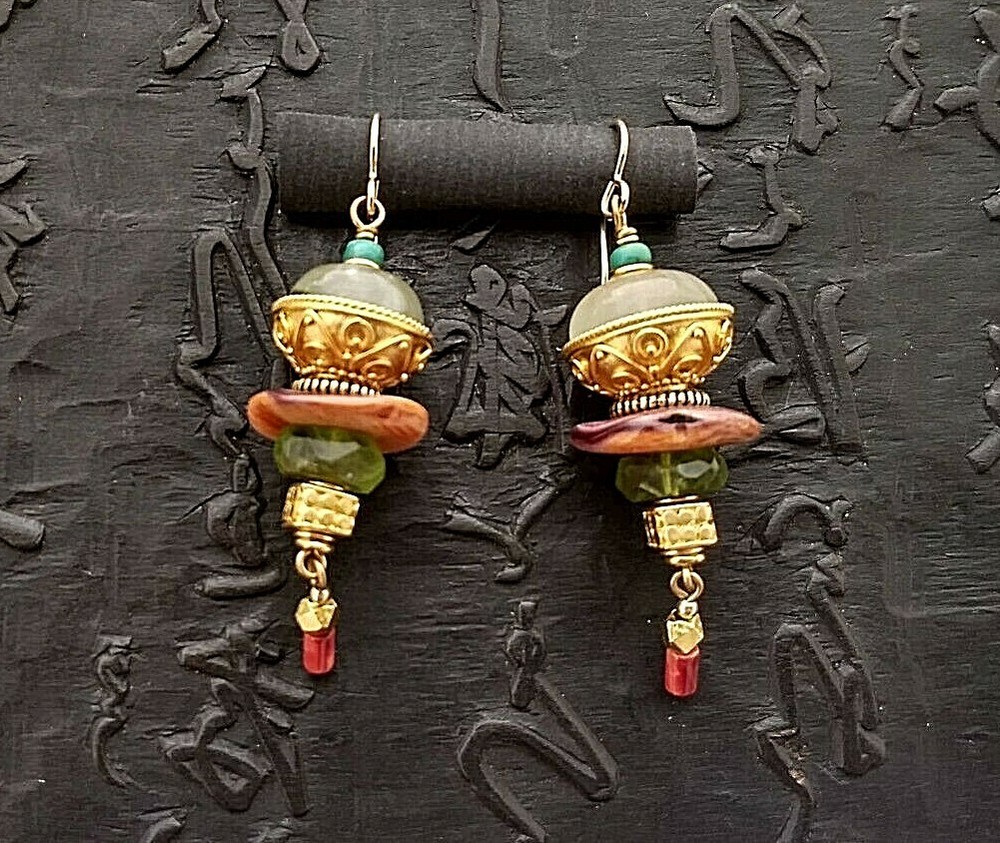 24k vermail grn quartz peridot TQ spiny oyster earrings by Kate Nolan 2 1/4″