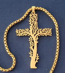 Large Pendant » Cross » Stainless Steel Golden And Sa Chain 23 5/8in