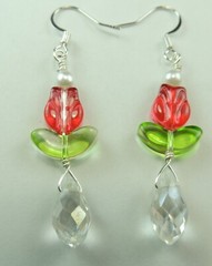 Clear Briolette Crystal & Red Flowers Green Leaves faux Pearls Handmade Earrings