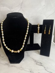 pearl, peach & gold beaded jewelry set handmade necklace, bracelet and earrings