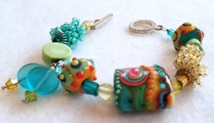 OOAK Lampwork Art Glass Bracelet Yellow Green Blue Gold Wire Wrapped Glass Seeds