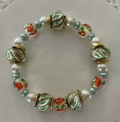 Ladies Beautiful Green & Orange Floral LampWork Beaded Stretch Bracelet 7.5”