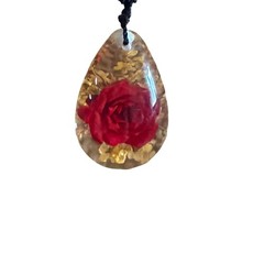Handmade Resin Red Rose Pressed Flower Teardrop Pendant Boho Romantic Unique