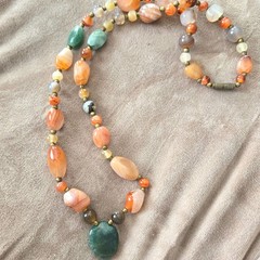 Vintage Natural Agate Beggars Beads Polished Stone Necklace Brass Spacers