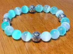 Handmade 10mm Sea Green & Light Pink Selenite Tibetan Silver Gemstone Bracelet