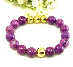 Purple sugilite beaded bracelet with gold ball pendant healing stretch gemstone