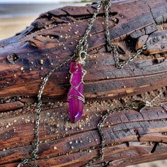 Hot Pink Aura Lemurian Quartz Pendant Wire Wrapped Silver Necklace Crystal Point