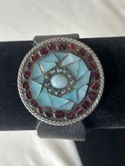 Buckle Up Babe TM, Glass Mosaic on Metal Round Leather Bracelet