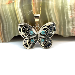 Solid 14K Gold Butterfly Pendant Animal Necklace Hand-Painted – Black White Blue