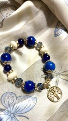 Beaded Bracelet Blue White Agate Gold Metal Tree of Life Charm 7″ Gift