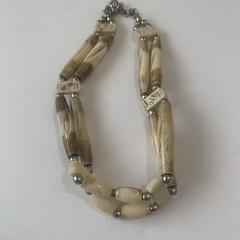 VTG LOVELY HAND CARVED BOVINE BONE LEATHER HIPPY BOHO COLLAR NECKLACE. N80