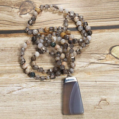 Natural Jasper Beaded Necklace with Gray Banded Agate Pendant 19″ *NEW* Stone