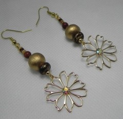 Gold Brown Maroon Wood Beads Flower Bohemian GT. 3″ Drop Hook Earrings