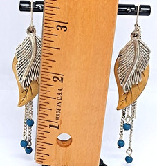 Drop Dangles Gold and Silver Tone Layered Leaves With Blue Bead Chain Earrings