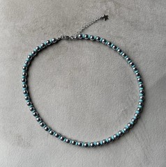 RHODIUM PLATED HEMATITE and Howlite Beaded Unisex Choker Necklace 17” Stainless