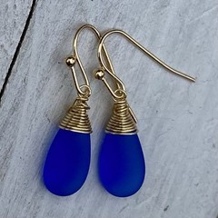Min Favorit Cobalt Blue Sea Glass Teardrop & Gold Pl Artisan Wrap Earrings
