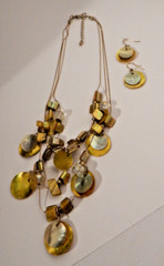 Golden Yellow Mother of Pearl Infinite three Strand Necklace Earrings Set 18″